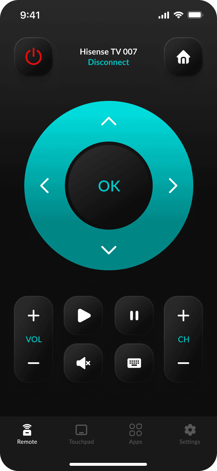HiRemote app on iPhone — Hisense TV remote with D-pad, volume, channel and keyboard controls