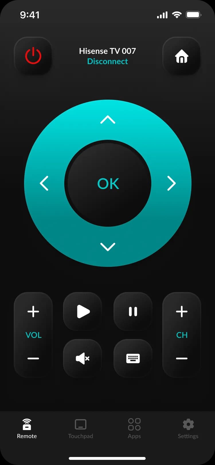 HiRemote app on iPhone — Hisense TV remote with D-pad, volume, channel and keyboard controls
